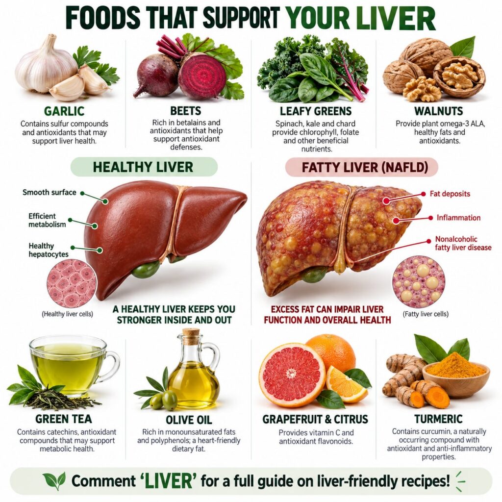 A vibrant and clean graphic showcasing a selection of foods beneficial for liver health specifically garlic leafy greens