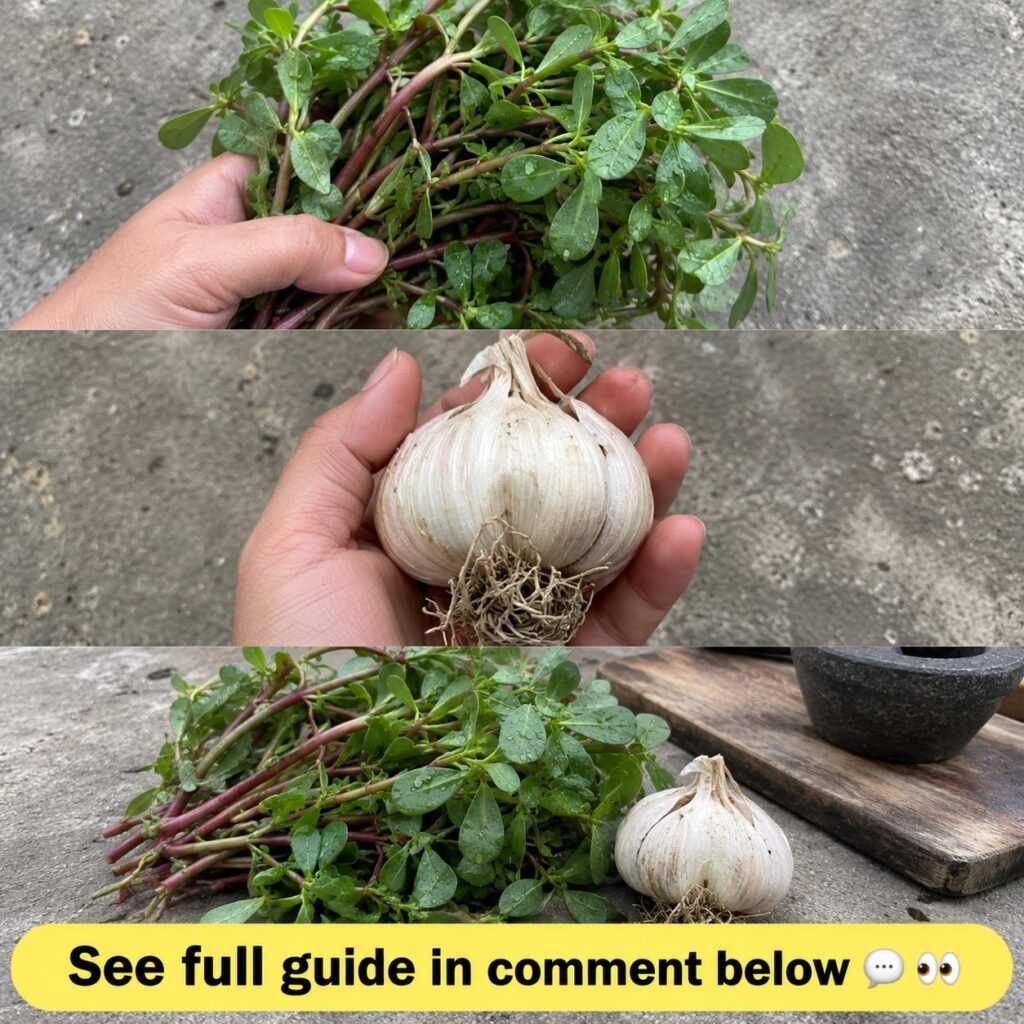 Fresh purslane and garlic cloves arranged naturally on a rustic surface symbolizing ancient health secrets and natural r