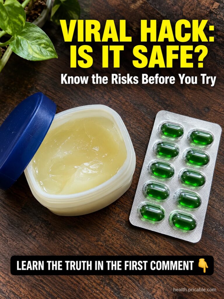 A small glass jar filled with a creamy yellowish balm with a Vaseline tub and Vitamin E capsules in the background on a 
