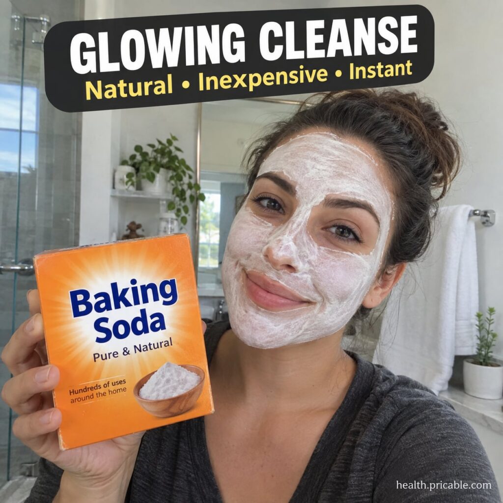 A small white bowl containing a creamy paste representing a baking soda face mask with a spatula next to it on a clean s