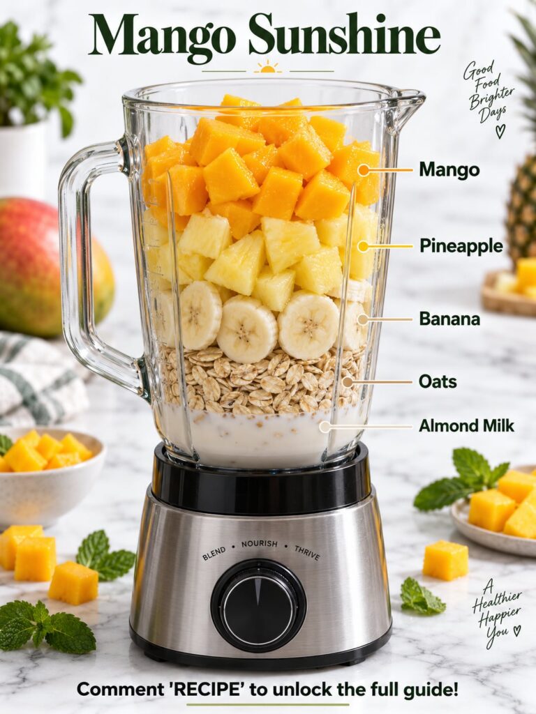 A vibrant creamy Mango Sunshine Smoothie in a clear glass garnished with a mango slice surrounded by its fresh ingredien