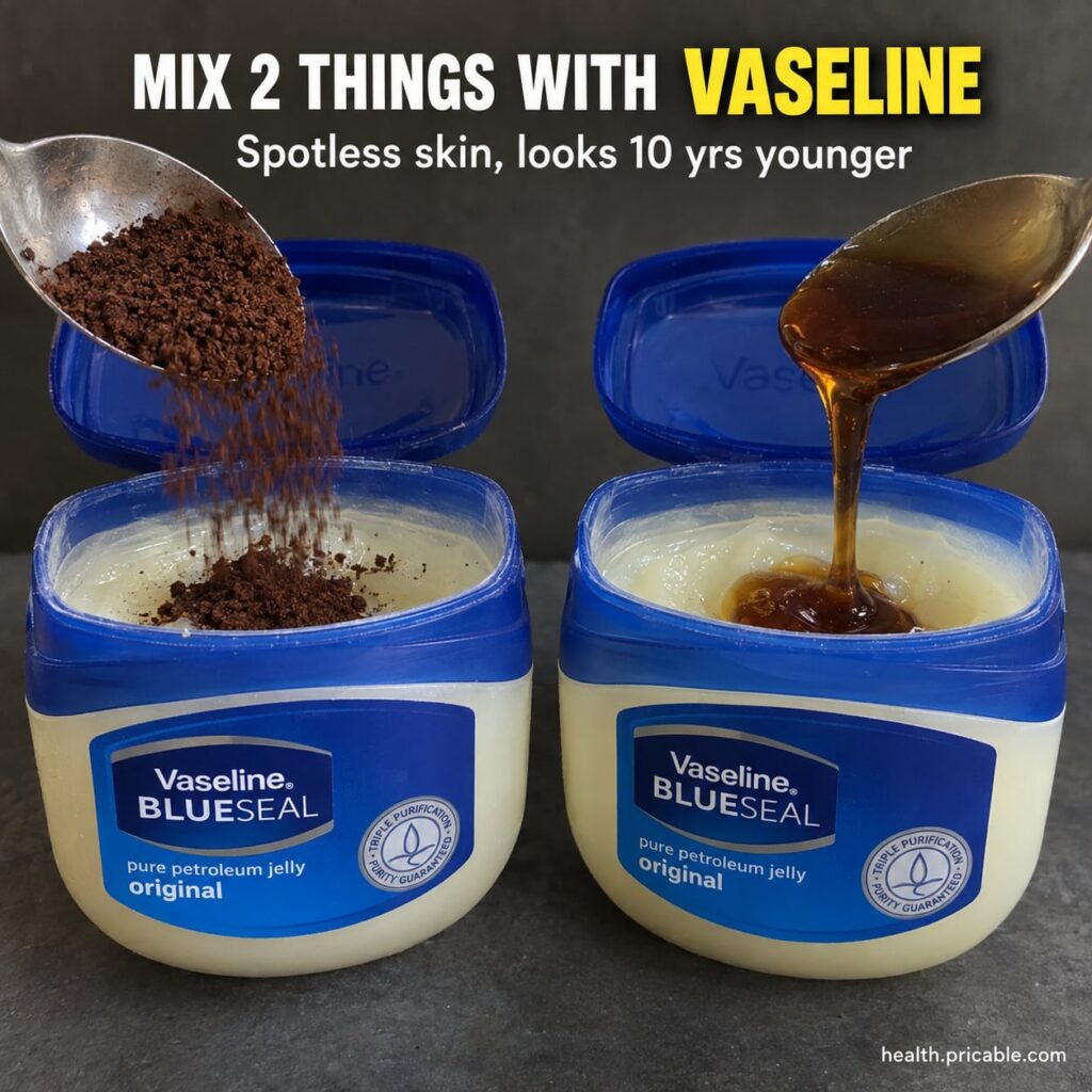 Close-up shot of a small bowl containing a creamy mixture of Vaseline honey and aloe vera gel with a small spatula besid