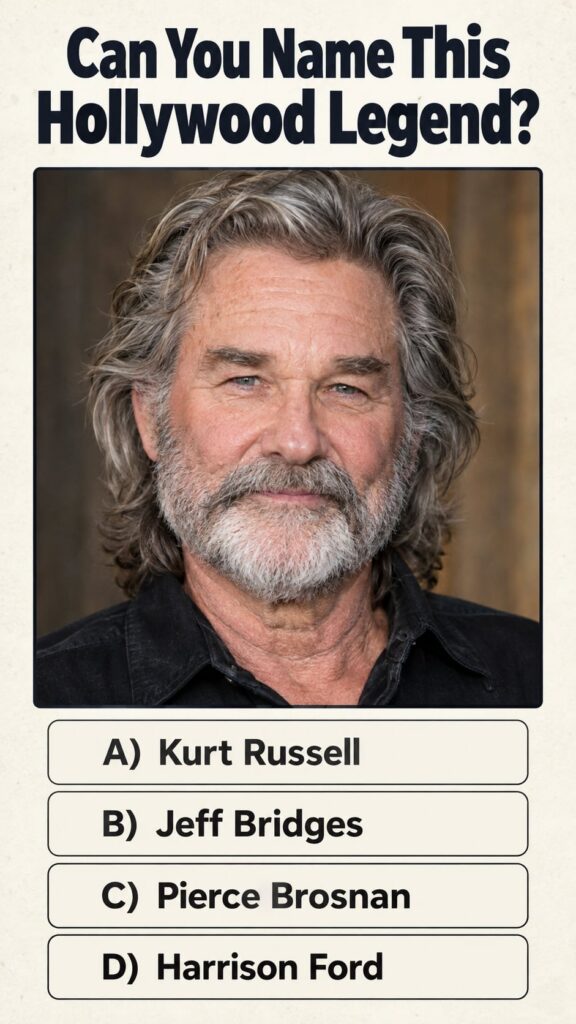 A quiz image with four options for famous actors Kurt Russell Jeff Bridges Pierce Brosnan and Harrison Ford The main sub
