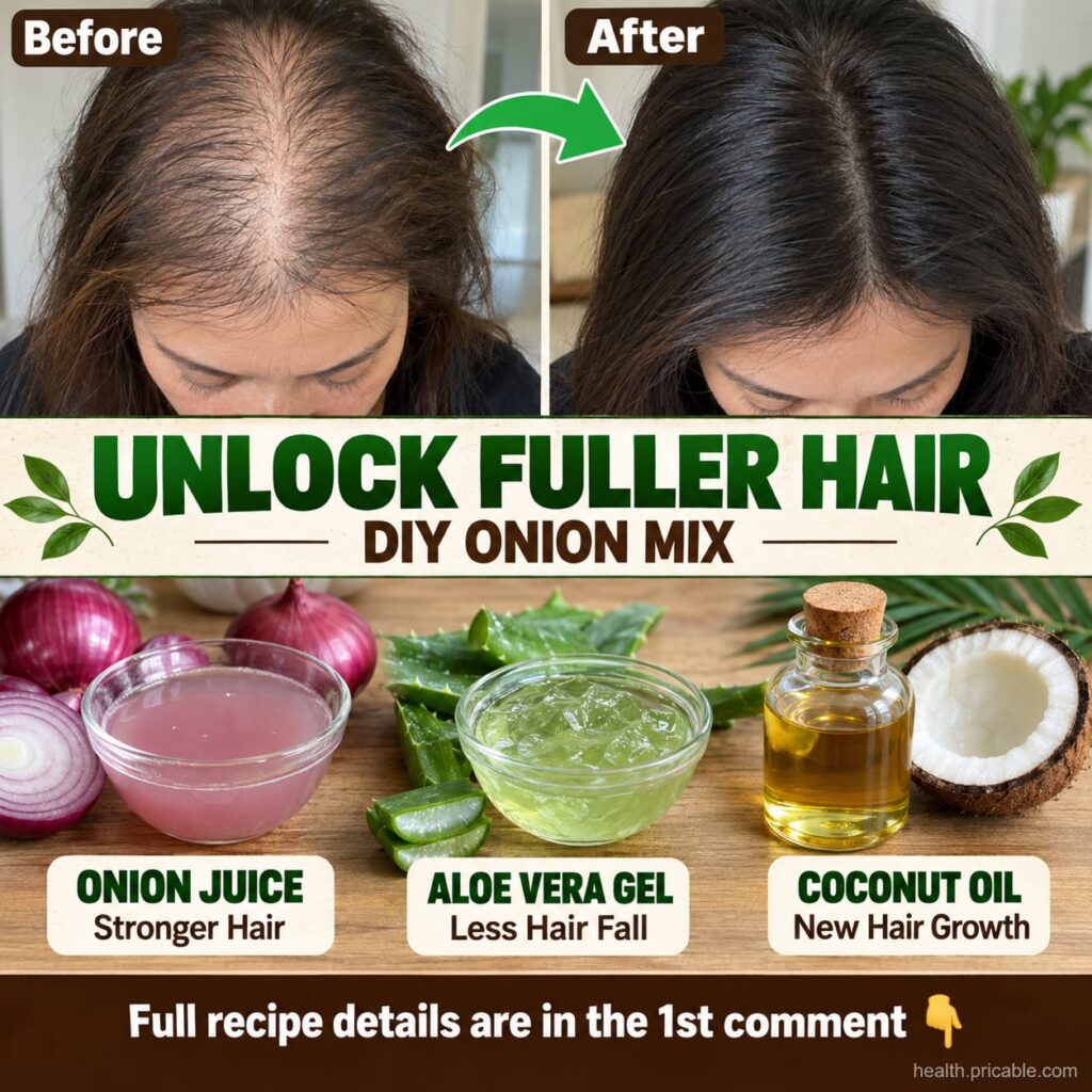 A bowl containing a reddish-yellow liquid mixture with a cut onion an aloe vera leaf and a small jar of coconut oil plac
