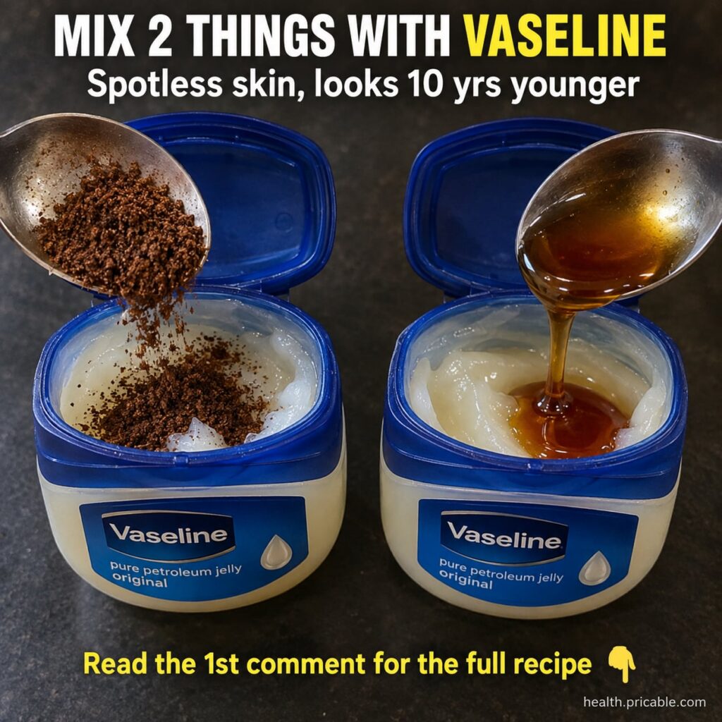 A small glass jar of Vaseline on a wooden surface surrounded by a fresh lemon cut in half and a green aloe vera leaf