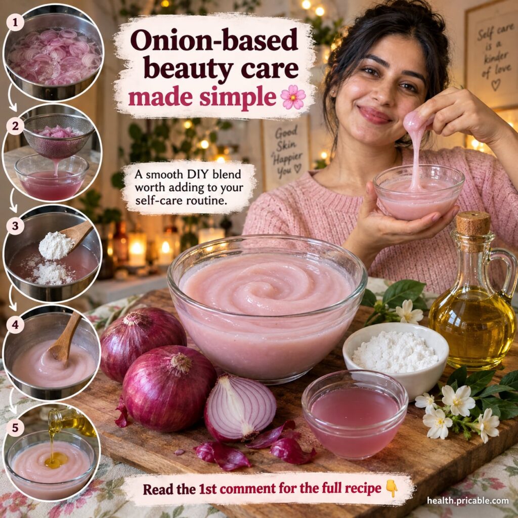 A beautiful smooth pale pink onion skincare blend in a small white bowl with a fresh onion in the background