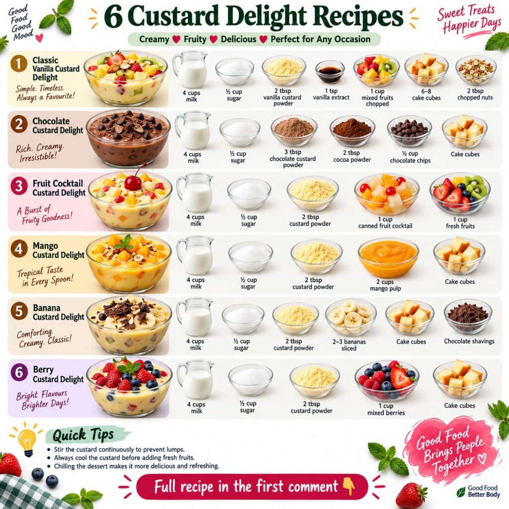 A bowl of classic vanilla custard topped with chopped mixed fruits served in a clear glass bowl on a light background