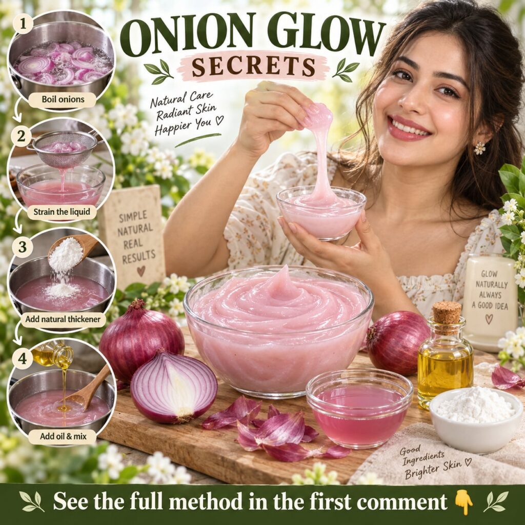 A red onion surrounded by glowing healthy skin illustrating a transformation from dull to radiant complexion