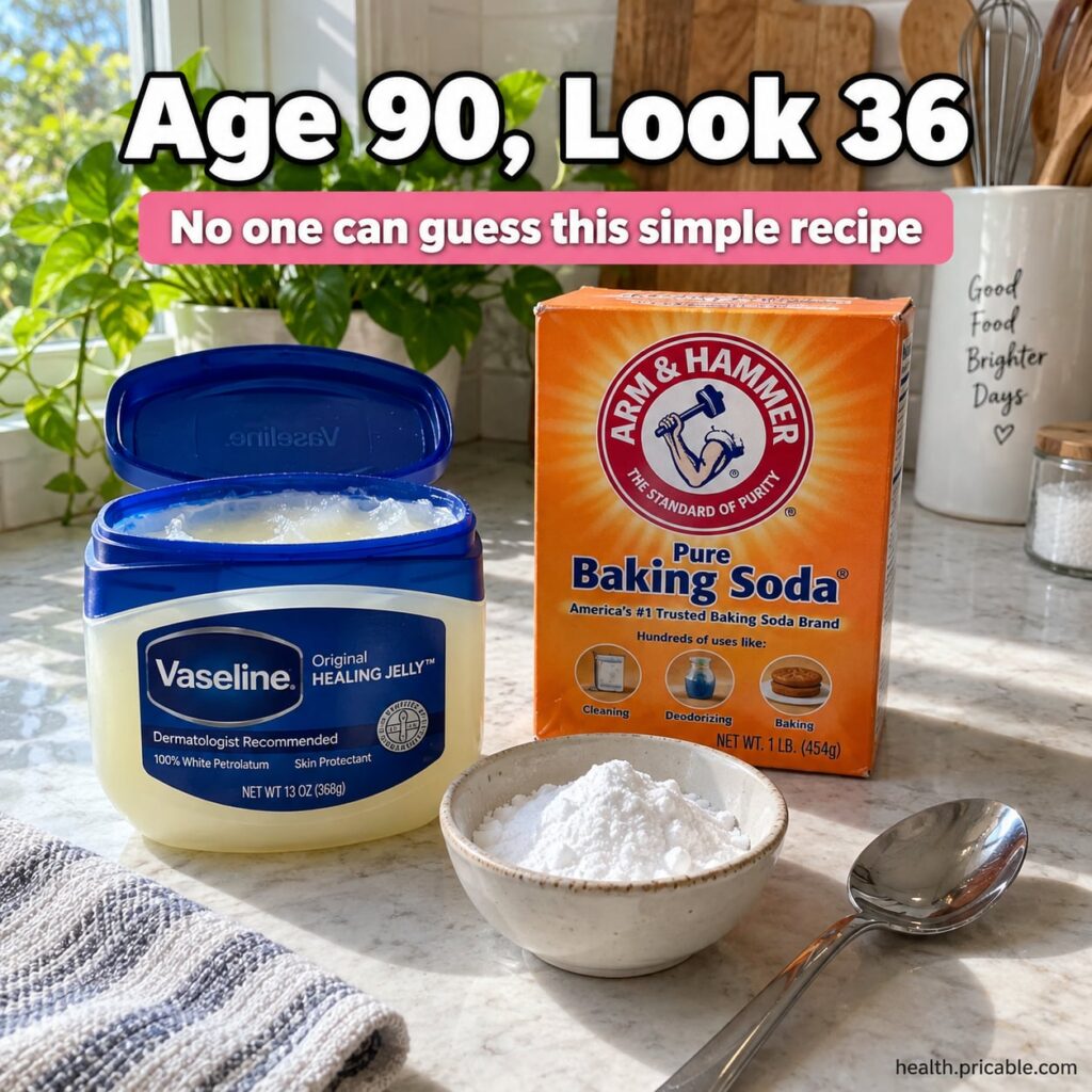 Ingredients for a DIY age-defying skin paste including a jar of petroleum jelly and a box of baking soda neatly arranged