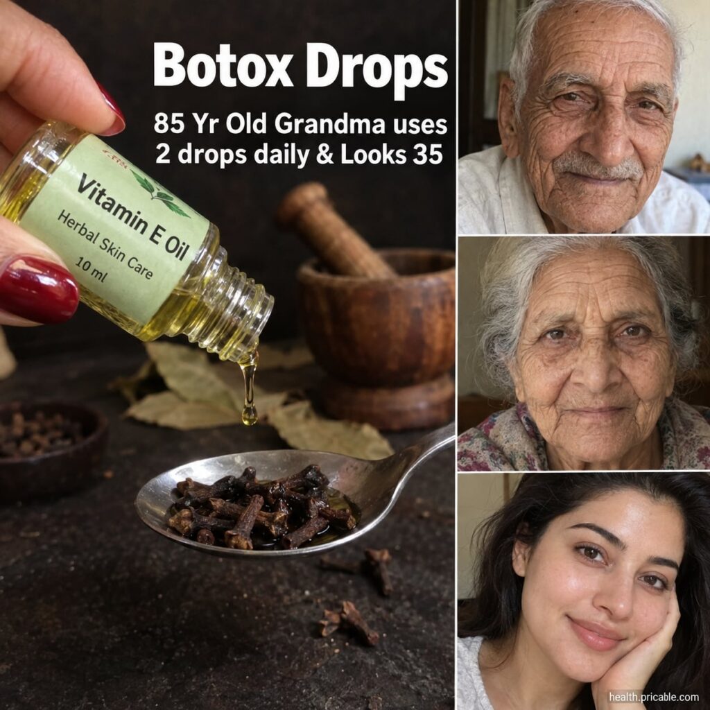 An 85-year-old woman with remarkably smooth youthful-looking skin glowing and smiling with a small bottle of Botox Drop 