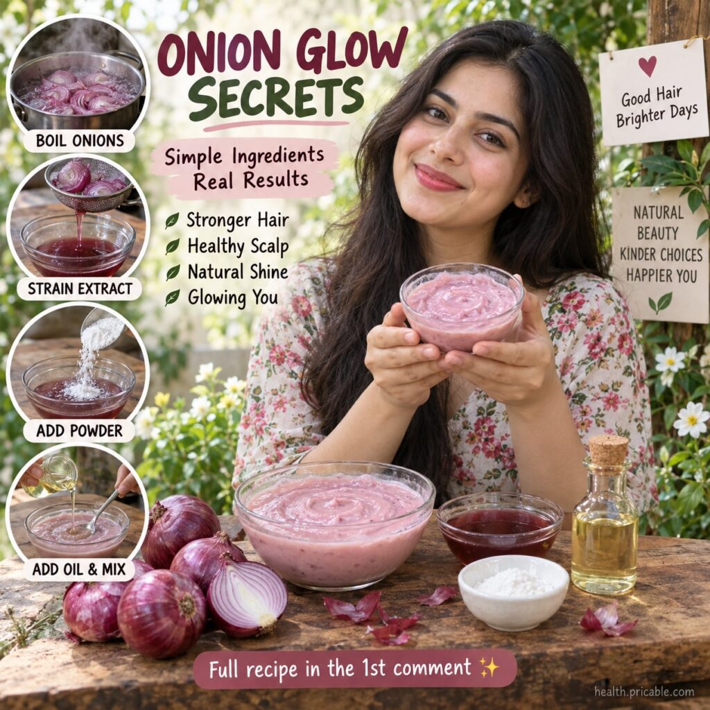 A beautiful red onion next to a small bowl of a light creamy homemade red onion cream with some green leaves for garnish