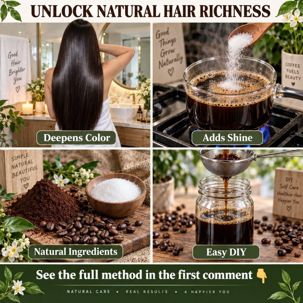 Ingredients for a coffee hair rinse a bowl of ground coffee a cup of brewed coffee and a spray bottle on a wooden surfac