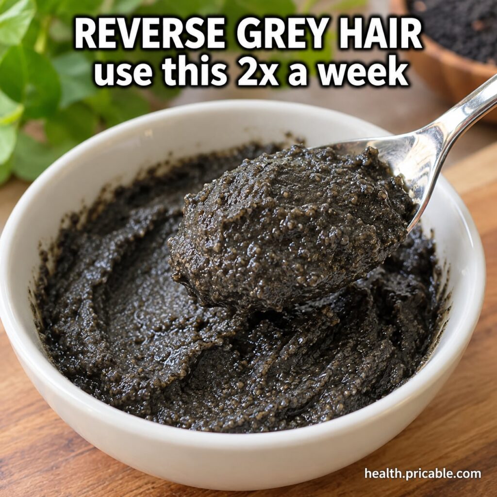 A woman applying a dark natural hair paste to her grey roots in front of a mirror
