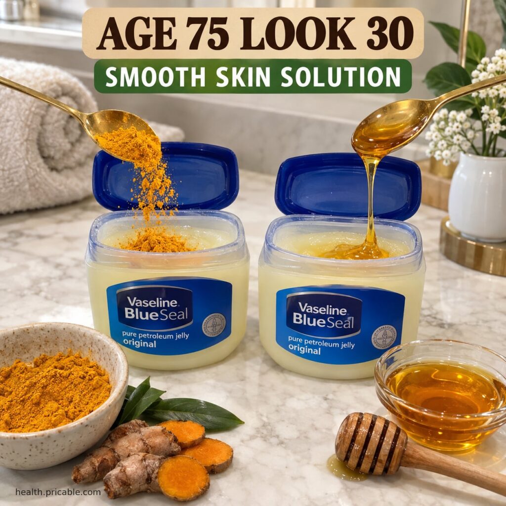 Ingredients for a homemade Vaseline face mix including a jar of petroleum jelly a small bowl of turmeric powder and a bo