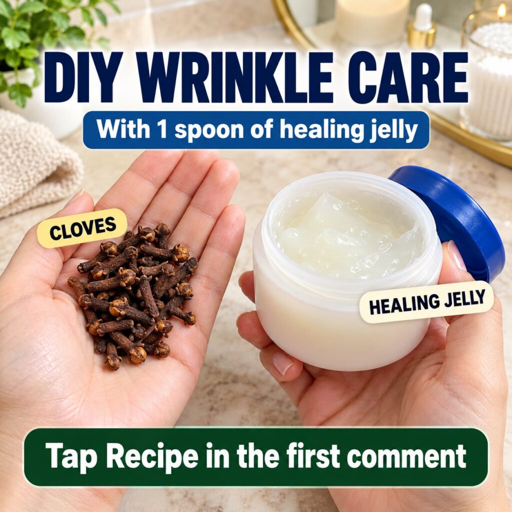 A close-up of hands holding dried cloves and an open jar of translucent healing jelly The background is a softly blurred