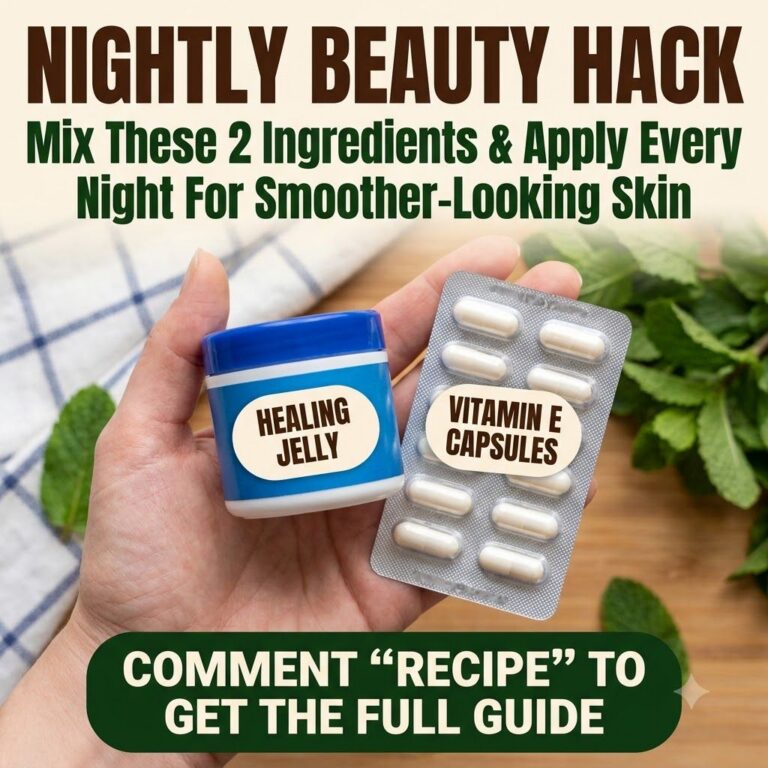 A person s hand holding a small blue jar of HEALING JELLY and a silver blister pack of VITAMIN E CAPSULES on a light woo