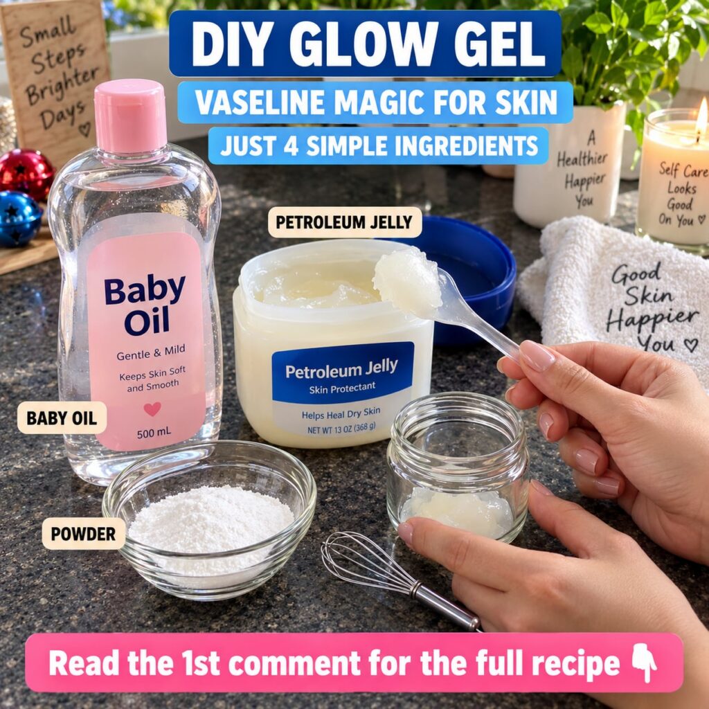 A flat lay showing ingredients for a DIY glow gel a bottle of baby oil a jar of petroleum jelly a bowl of white powder a