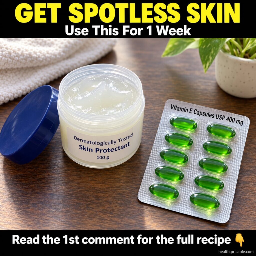 A clear plastic jar of skin protectant cream and a blister pack of green Vitamin E capsules on a dark wooden surface wit