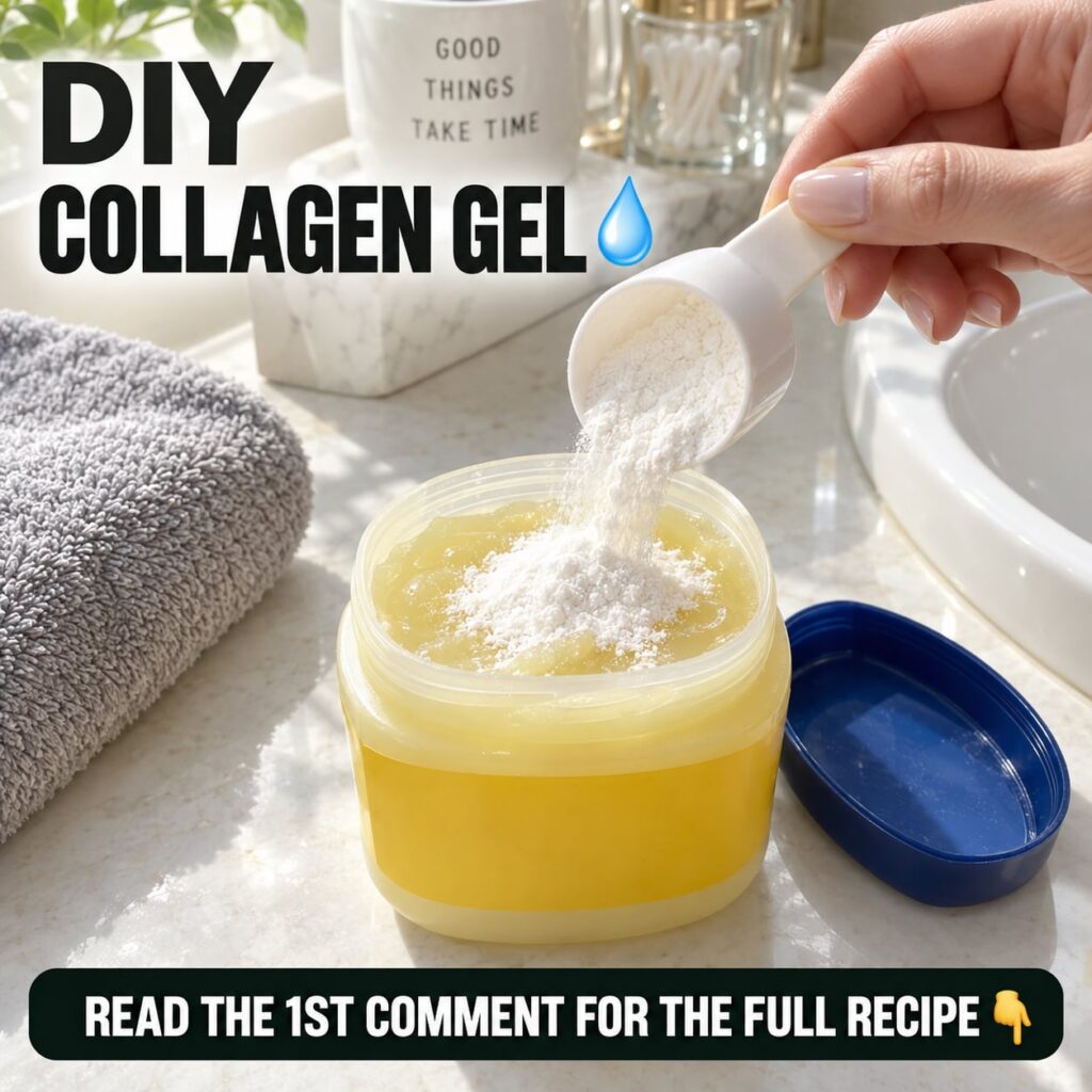 A hand pouring white collagen powder from a small scoop into a clear Vaseline-like jar filled with a yellowish gel mixtu
