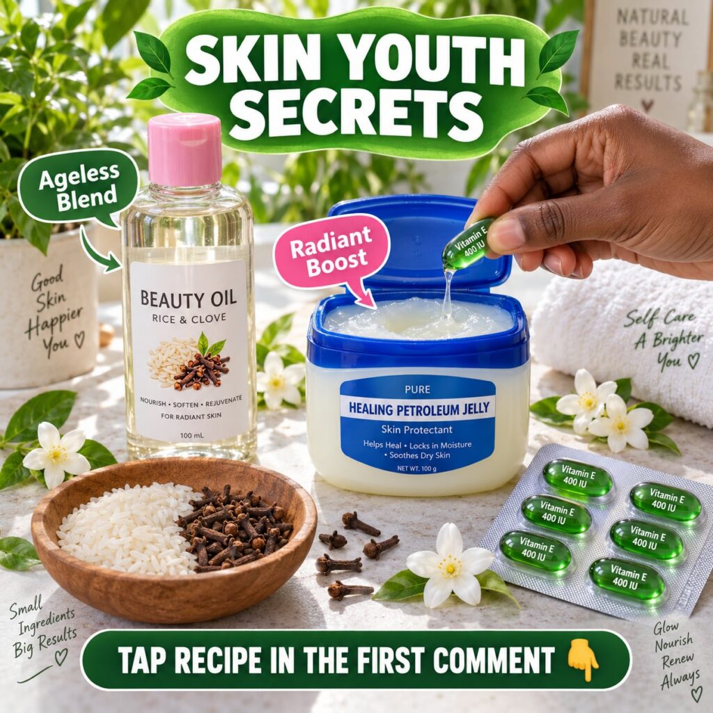 A vibrant flat lay composition of DIY skincare ingredients a Rice Clove beauty oil bottle a jar of petroleum jelly a woo