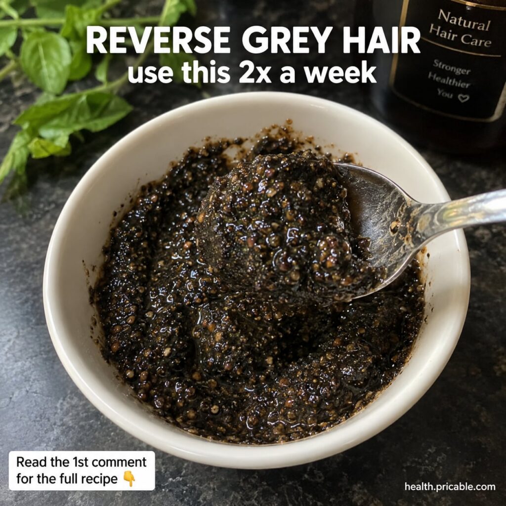 A bowl filled with a dark earthy natural hair paste ready for application with green herbal elements in the background