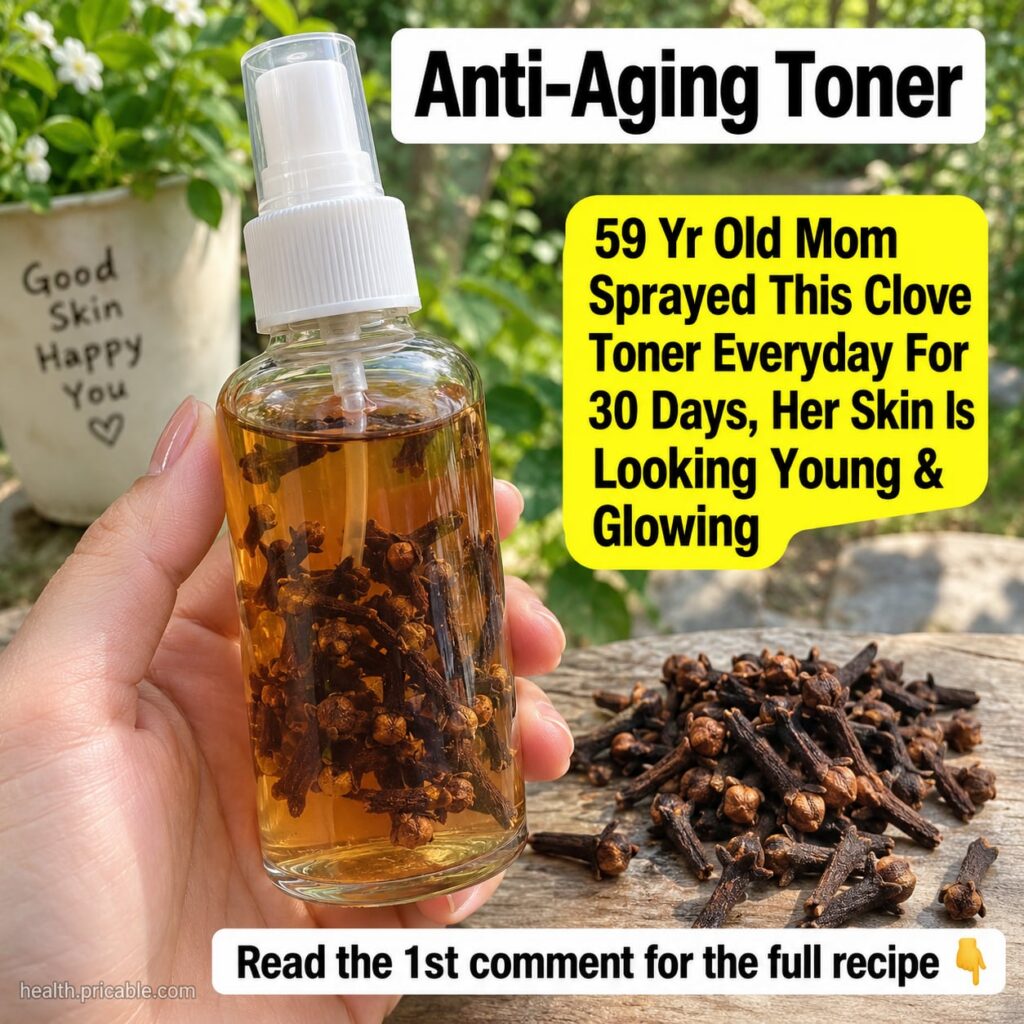 A woman in her late 50s smiling with radiant clear skin holding a small bottle of homemade clove toner The scene is brig