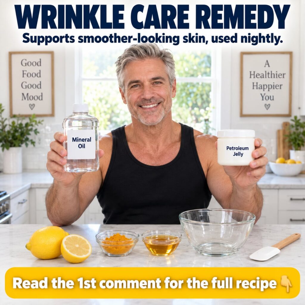 A smiling middle-aged man in a modern kitchen holding mineral oil and petroleum jelly with DIY mask ingredients turmeric