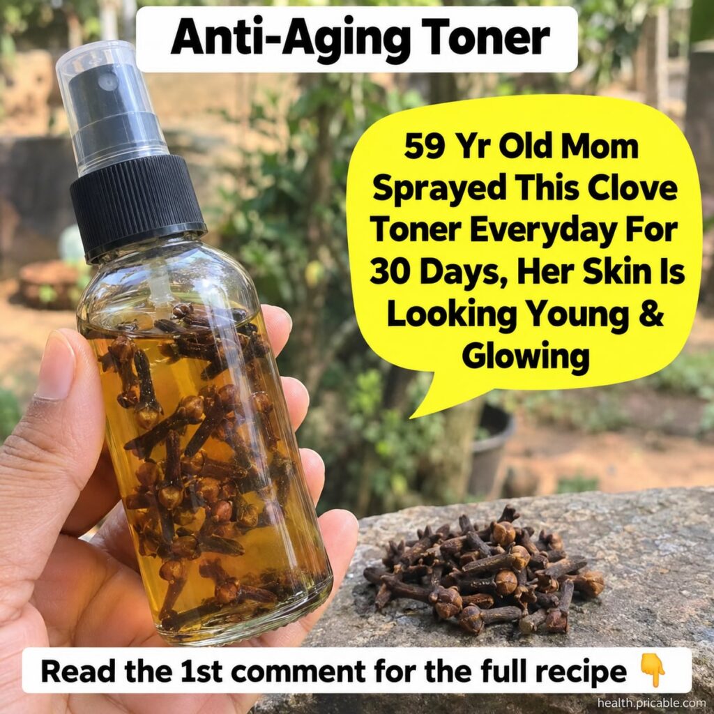 A glass bottle of amber-colored clove toner next to a small pile of whole cloves and a cotton pad set on a natural woode