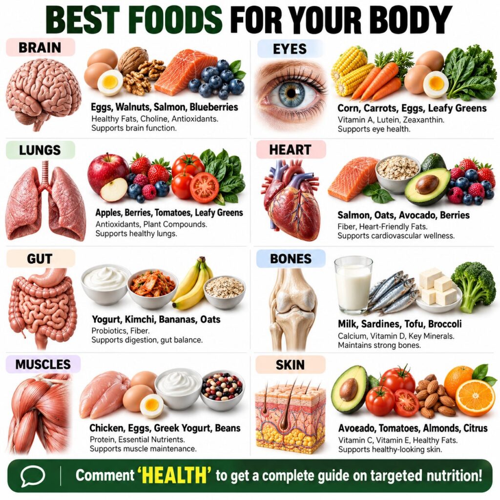 An overhead shot of a wooden table covered with various healthy foods each grouped around a small label or icon represen