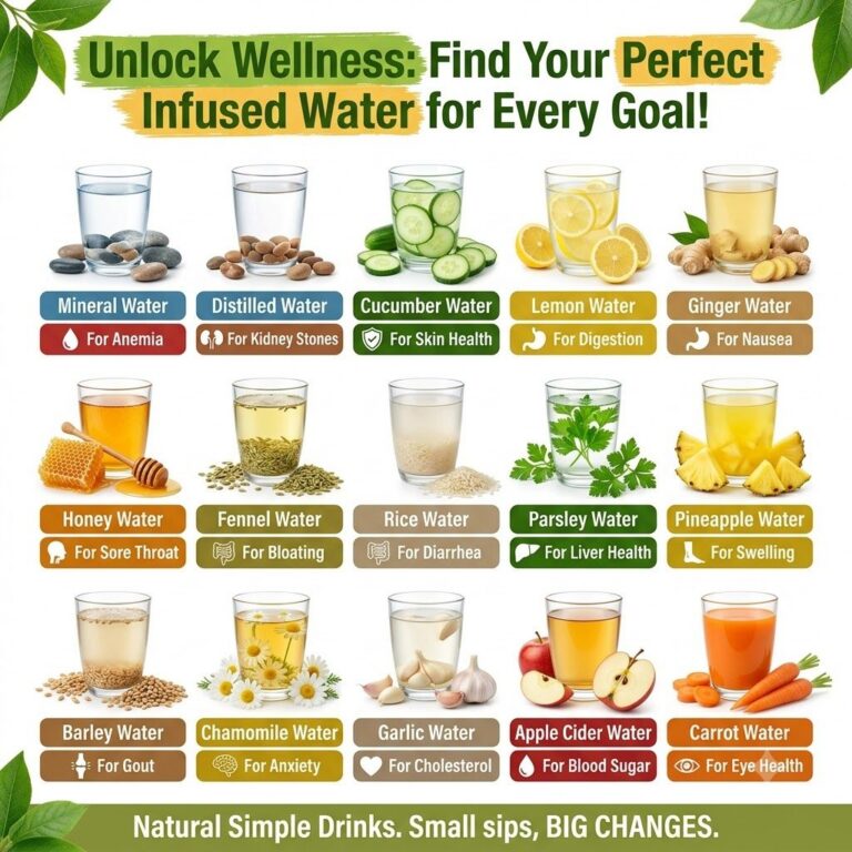 A variety of glass pitchers and bottles filled with vibrant infused waters featuring ingredients like cucumber slices mi