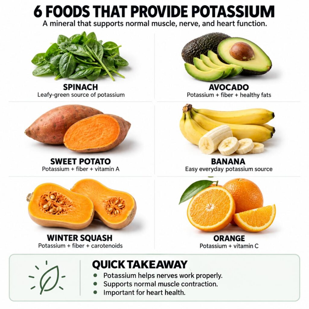 A colorful array of various potassium-rich foods including spinach avocado sweet potato banana winter squash and orange 