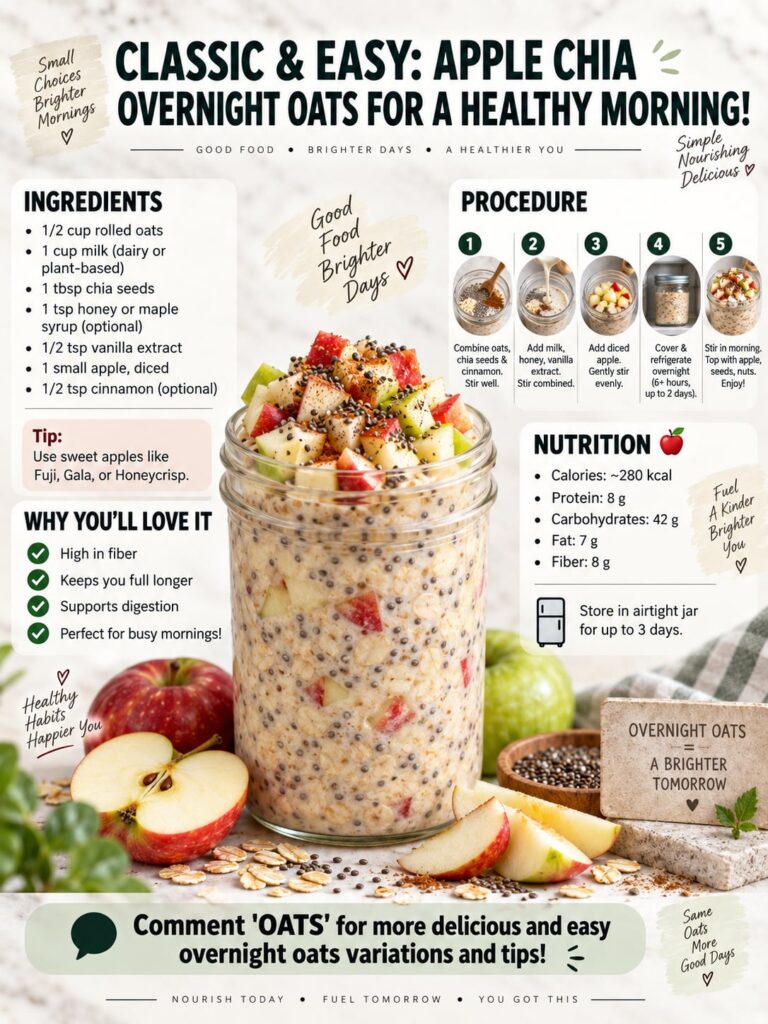 A beautiful jar of apple chia overnight oats showing layers of oats chia seeds and diced apples ready to eat in a bright