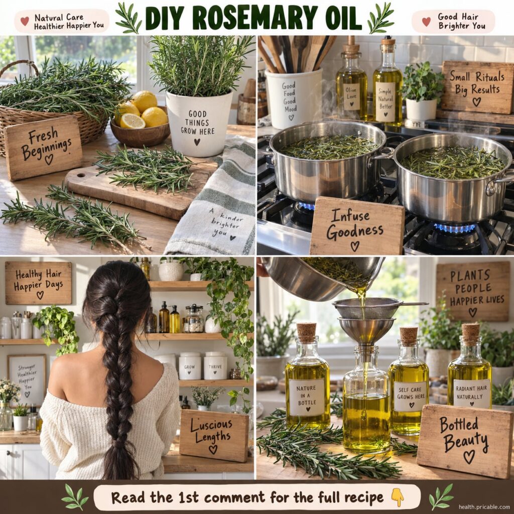 A close-up of a glass bottle of homemade rosemary oil with fresh rosemary sprigs submerged in a golden carrier oil set a