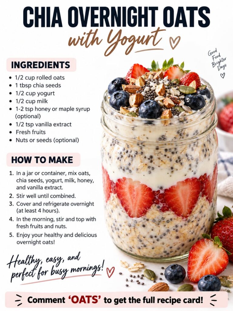 A clear glass jar showing distinct layers of chia overnight oats creamy yogurt and a generous topping of fresh berries s