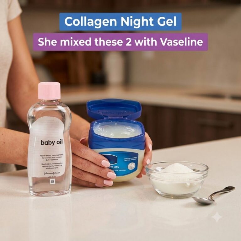 A close-up shot of a luxurious shimmering DIY collagen night gel in a small elegant glass jar with a soft glowing light 