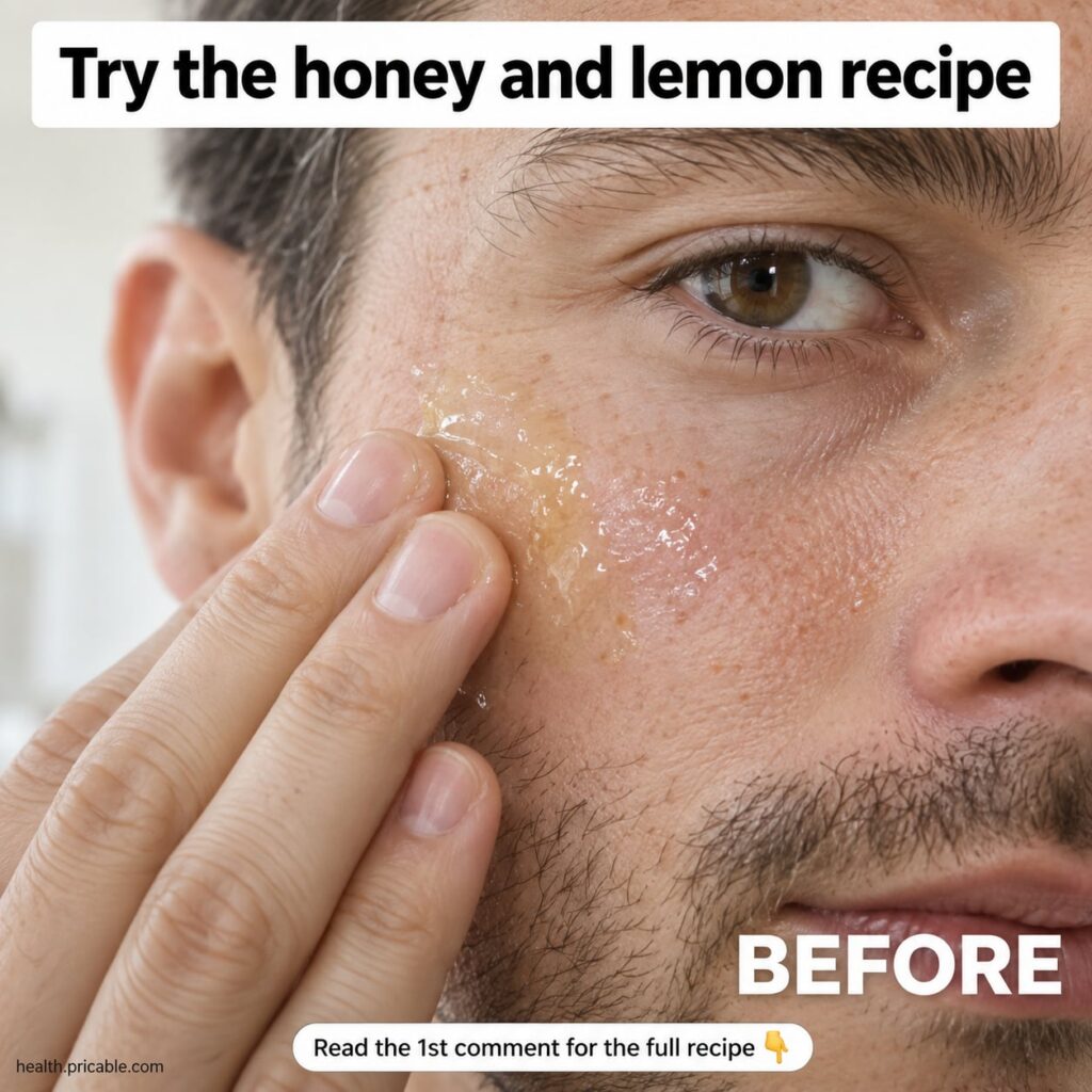 A small bowl containing a mixture of honey and sliced lemons with a honey dipper symbolizing a natural skin remedy