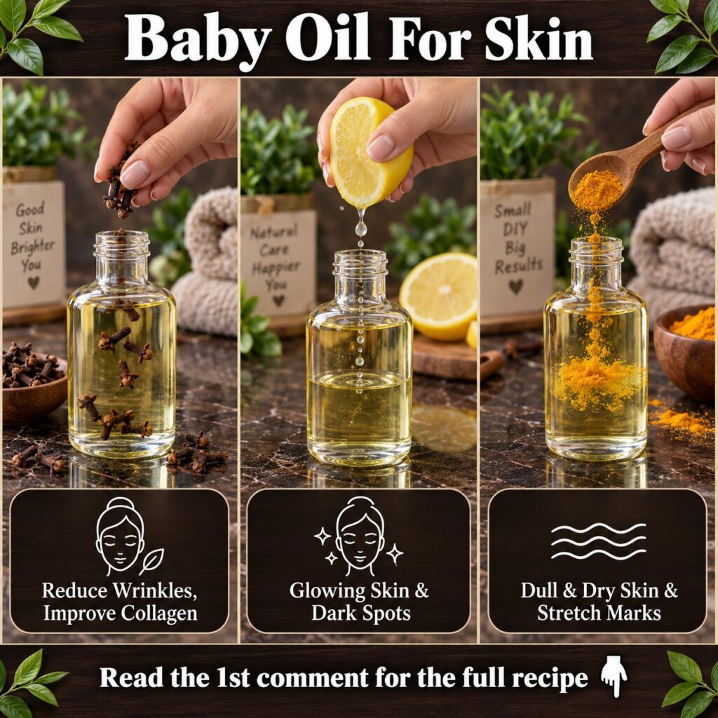 A sleek minimalist bottle of baby oil on a reflective dark surface with soft glowing light emphasizing a luxurious and r