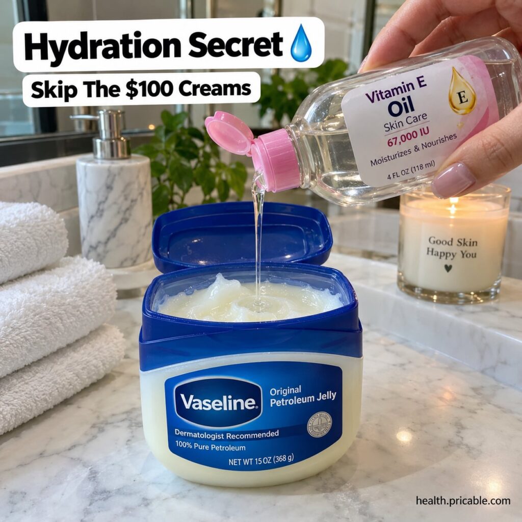 A jar of Vaseline next to several Vitamin E capsules and a small bottle of liquid Vitamin E oil on a clean light surface