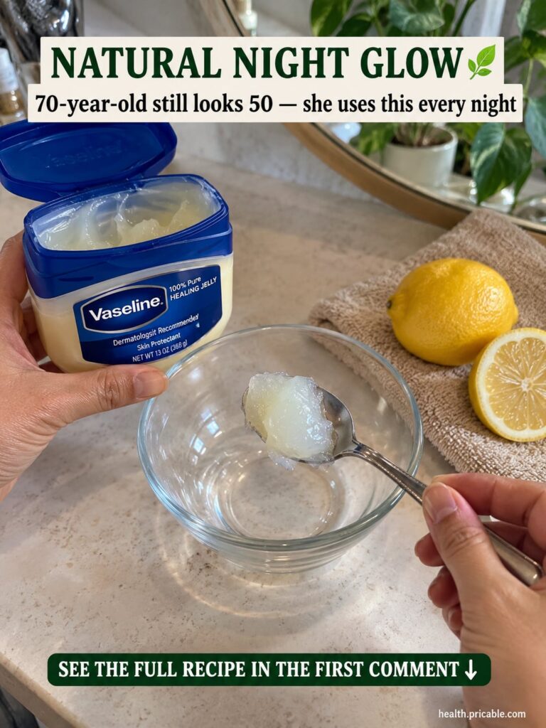 A radiant 70-year-old woman with smooth glowing skin holding a small jar of Vaseline and a fresh lemon smiling softly in