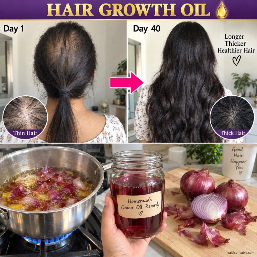Before and after showing hair improvement from thin to thick and vibrant after using onion oil