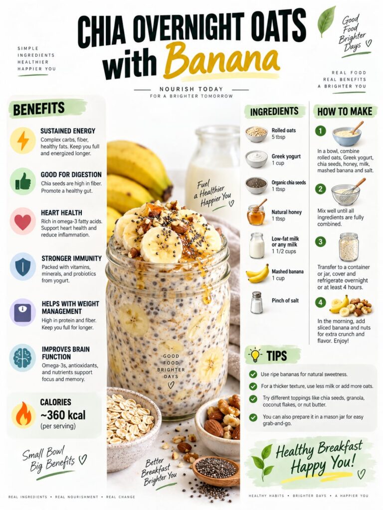 A close-up shot of a jar filled with banana chia overnight oats garnished with fresh banana slices and a sprig of mint T
