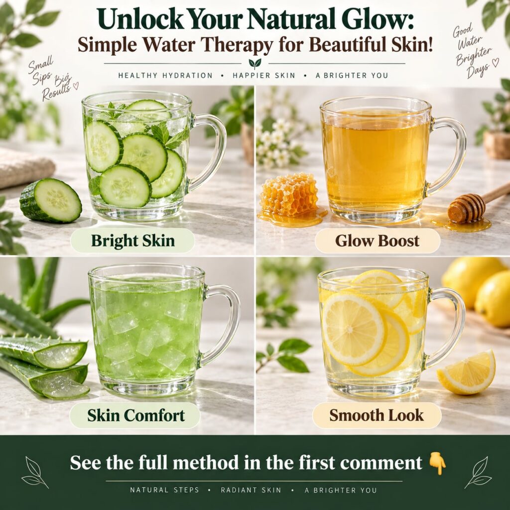 A variety of infused water drinks in clear glass pitchers or bottles with slices of cucumber ginger and aloe vera visibl