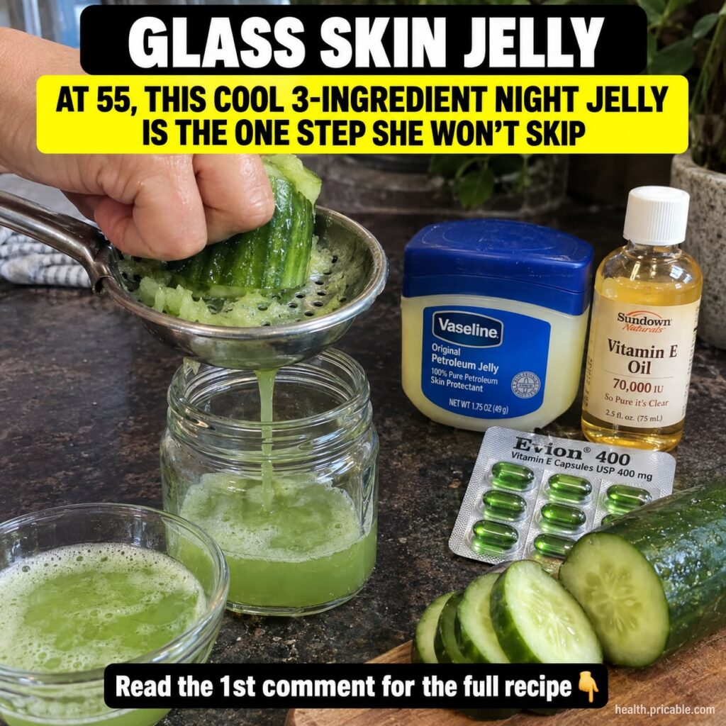 Ingredients for glass skin night jelly fresh cucumber a small jar of petroleum jelly and a bottle of vitamin E oil all n