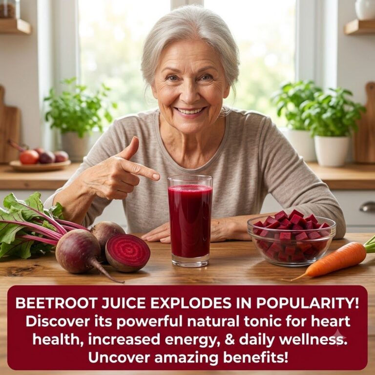 A vibrant glass of fresh beetroot juice possibly with a slice of lime or a mint sprig on a rustic wooden table with whol