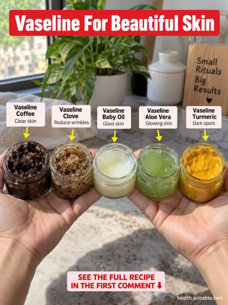 A vintage glass jar of Vaseline surrounded by natural ingredients like lemon slices a small bottle of vitamin E oil and 