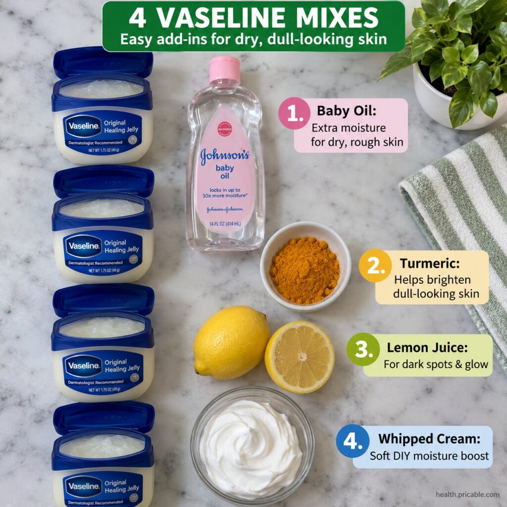 A woman carefully applying a small amount of Vaseline mixed with another ingredient to her face with a background showin