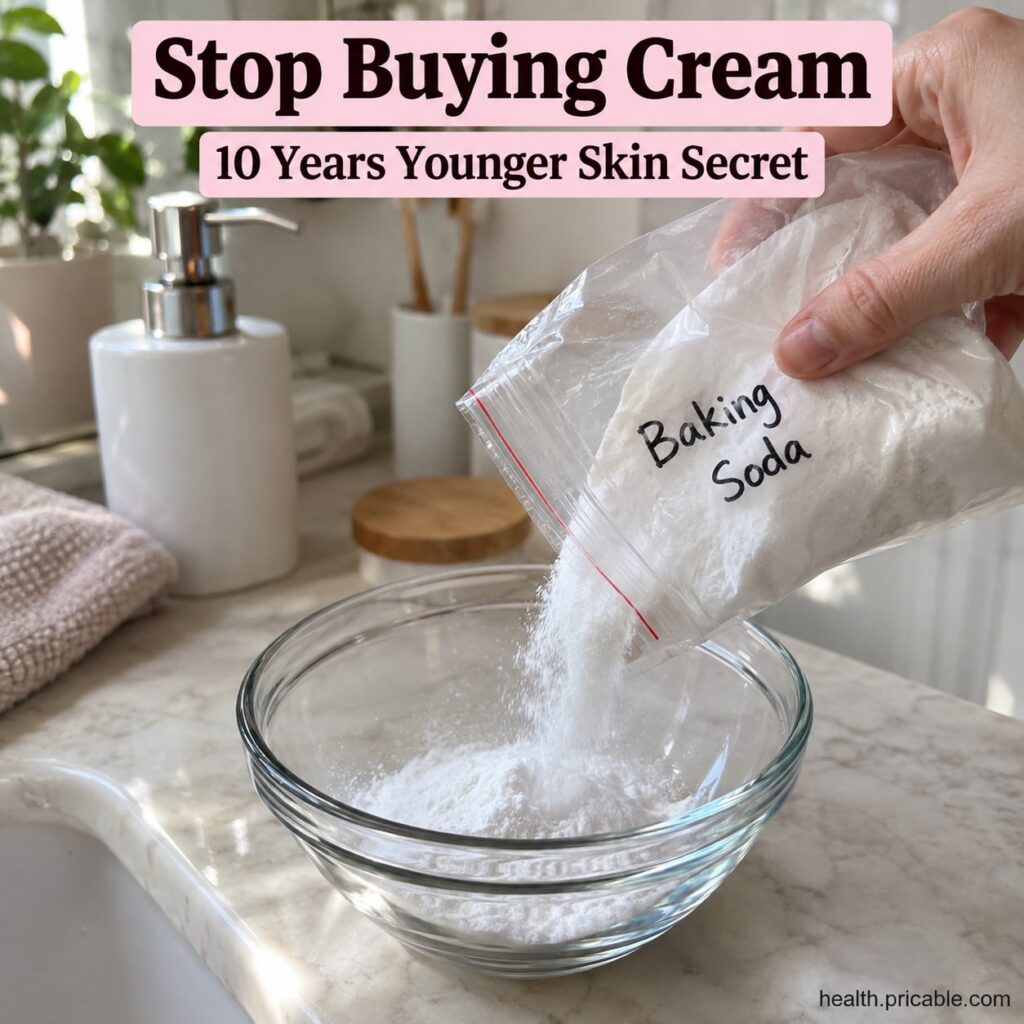 Close-up of a small bowl containing white baking soda powder with a measuring spoon nearby The background is softly blur