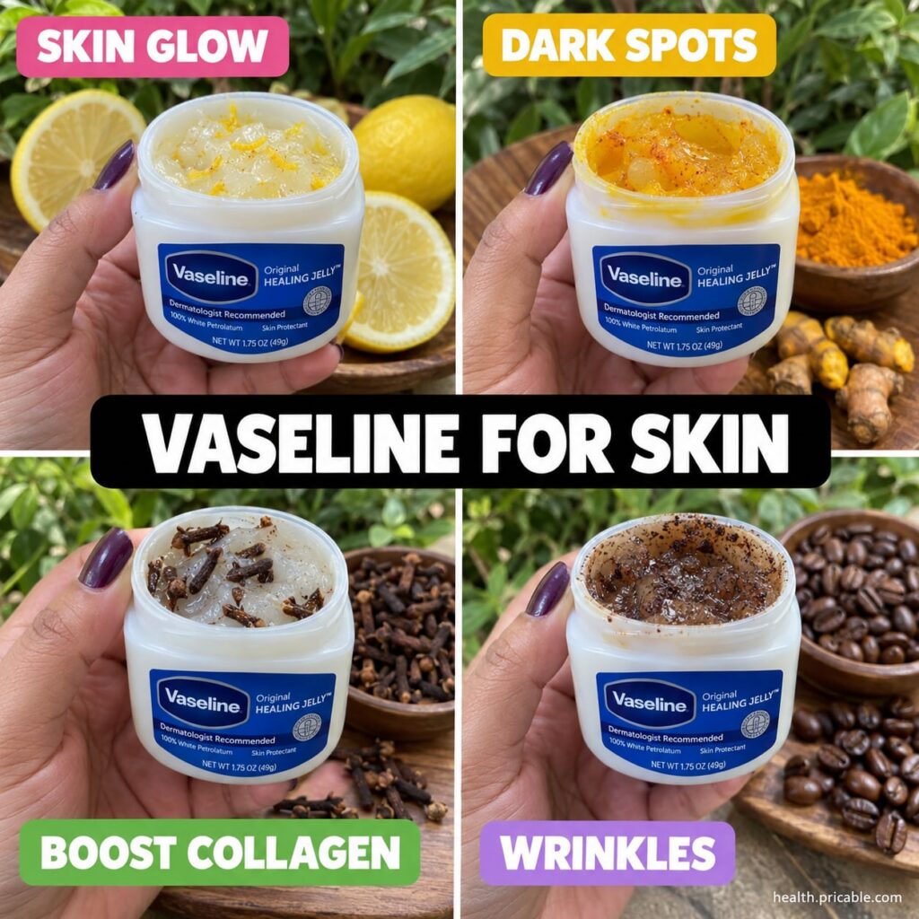 A woman gently mixing Vaseline Original Healing Jelly with yellow turmeric powder and a few drops of lemon juice in a sm