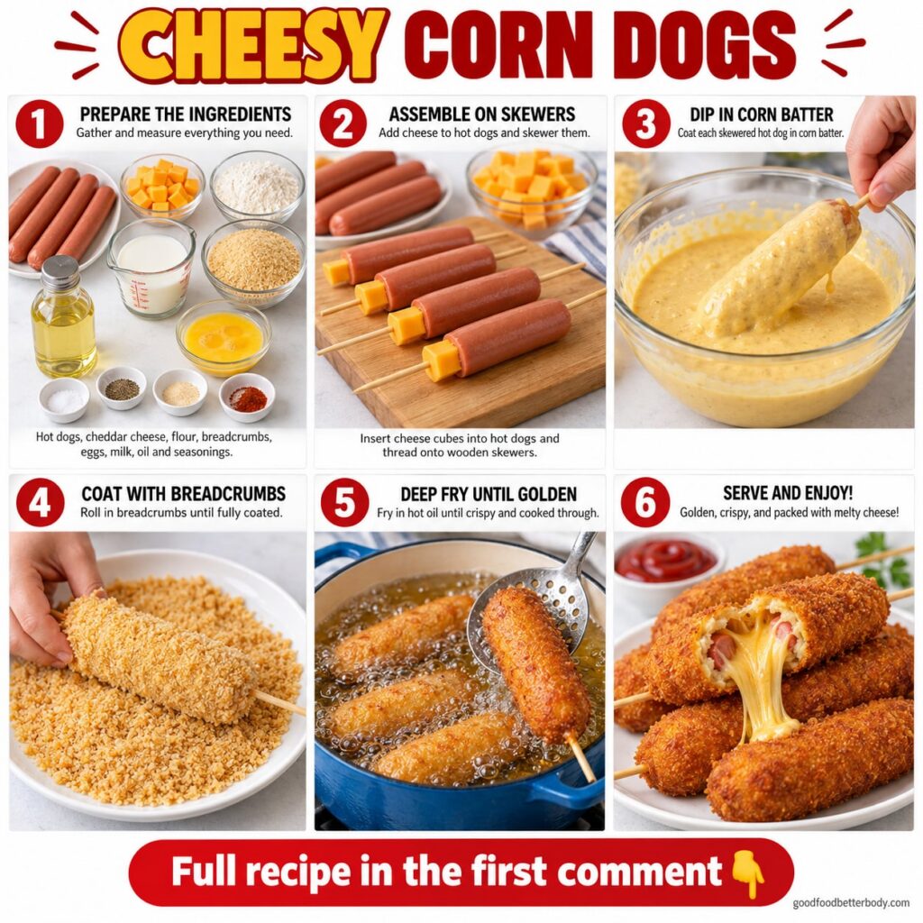 A perfectly golden-brown classic cheesy corn dog held by a hand with melted cheese stretching as it s pulled apart again