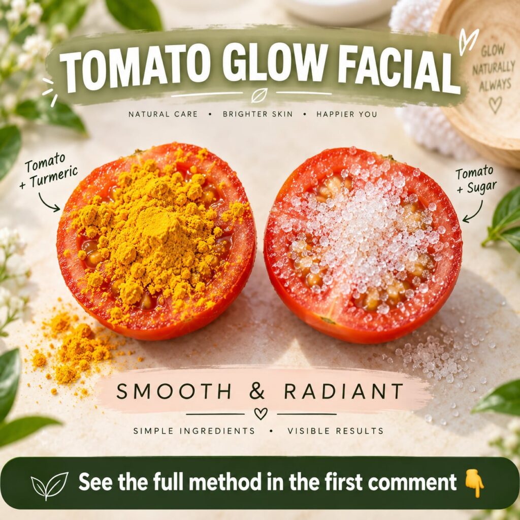 A close-up of a halved tomato a small bowl of sugar and a pinch of turmeric powder ready for a DIY facial preparation on